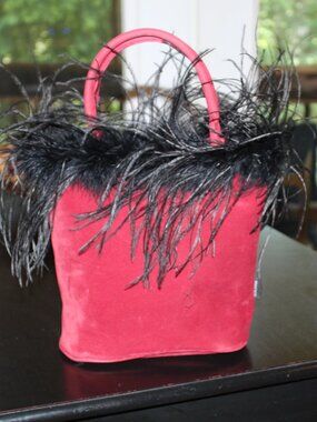 Y2K Red Suede look and Black Ostrich Feather Trim Handbag VintagePurse by Murval